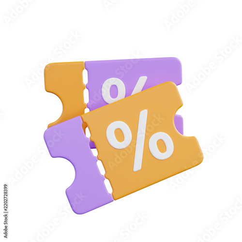 3D discount coupon tickets with percentage symbol, purple and orange promotional vouchers, retail sales and marketing offer icons isolated on Transparent Background