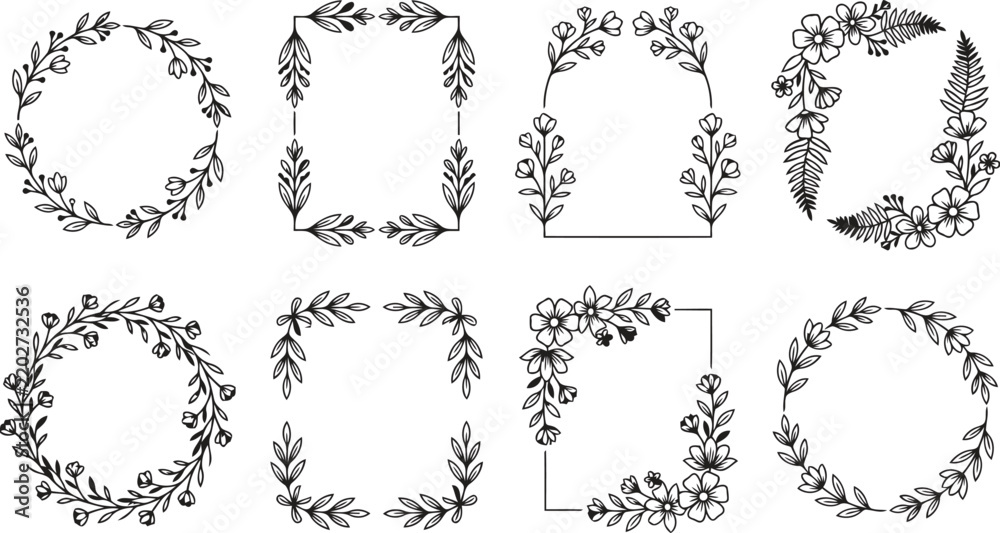 Fototapeta premium Black And White Hand-Drawn Floral Wreaths And Rectangular Frames Collection For Elegant Wedding Stationery Designs And Rustic Branding Projects Featuring Sophisticated Botanical