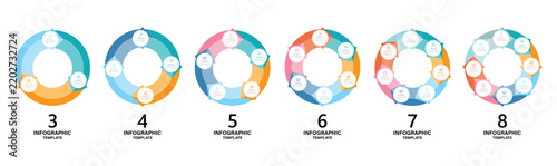 Business infographics. Vector circle arrows infographics set. 3, 4, 5, 6, 7, 8 options, parts, steps. Vector pie charts. Business concept with data processes. vector eps