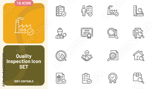 Quality inspection icon set, thin line style, vector illustration for industrial control, compliance, and product testing processes