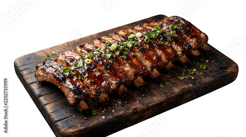 Rack of barbecue pork ribs with sticky glaze on a dark wooden cutting board bbq ribs grilled ribs meat platter meat dish smoked ribs food centerpiece