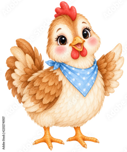 Cute watercolor chicken with blue polka dot bandana, cheerful cartoon hen with raised wings, farm animal nursery artwork