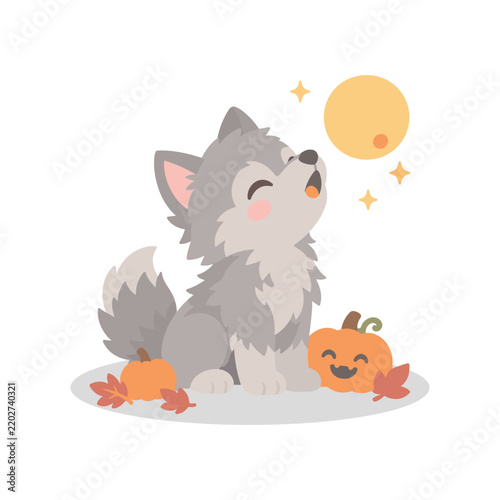 Cute Werewolf Puppy Howling at Moon Halloween Kawaii Cartoon Illustration