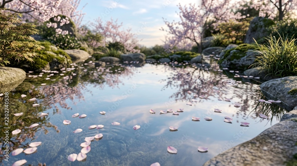 Obraz premium Serene japanese garden with cherry blossom petals floating on tranquil pond water under bright sky for peaceful spring landscape