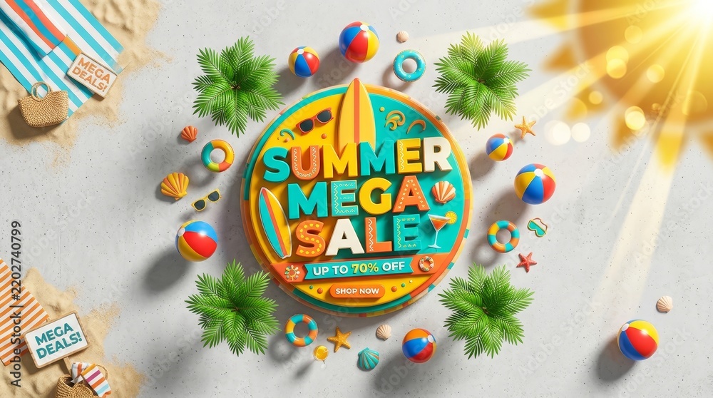 Obraz premium Summer mega sale banner design with 3D beach elements and palm leaves on concrete background