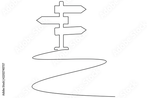 Multi direction road sign with winding path continuous one line drawing minimalist route navigation outline illustration