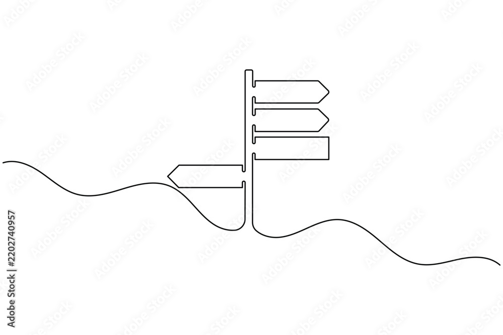 Obraz premium Multiple right and left road direction sign continuous one line drawing minimalist wayfinding navigation outline illustration