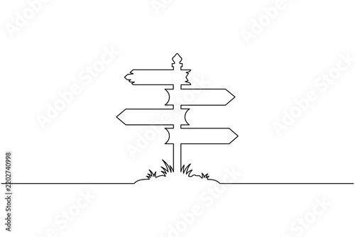 Multi direction road sign with grass continuous one line drawing minimalist outdoor route wayfinding outline illustration