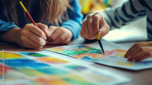 Children Drawing Together with Markers and Paints on Paper