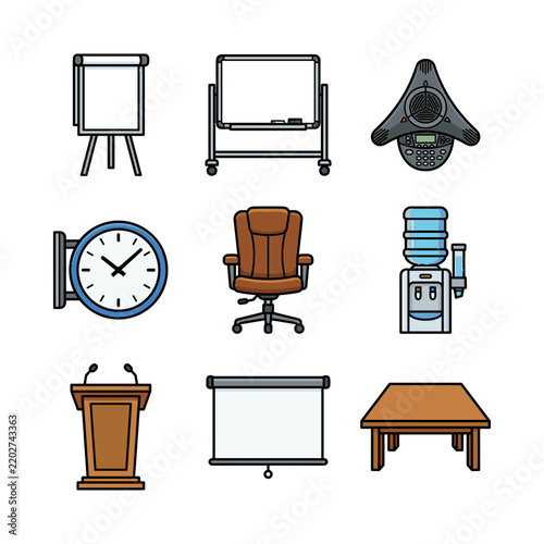 Corporate office furniture and presentation equipment vector icons