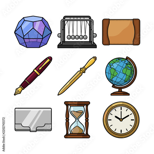 Executive office desk accessories and stationery vector icon set
