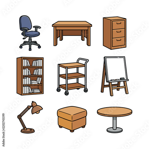 Office furniture collection and workspace interior equipment icons