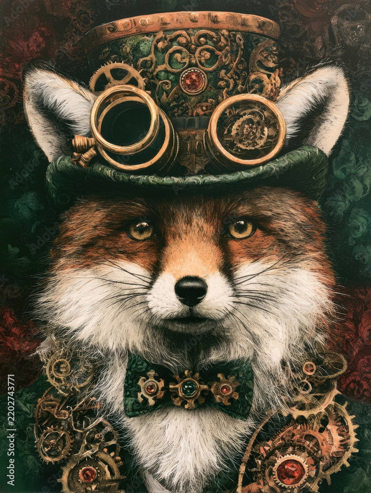 Obraz premium Intricate steampunk fox portrait featuring detailed brass goggles vintage top hat mechanical gears ornate cogs embroidered green jacket and bow tie artwork in rich detailed retro fantasy style