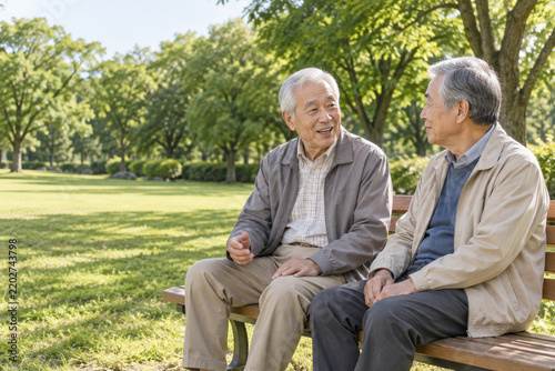 緑の多い公園のベンチに座って会話する白髪シニアの二人