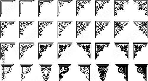 Elegant Black and White Corner Decorative Molding Designs with Transparent Background