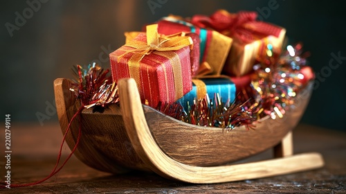 Wooden Sled with Colorful Wrapped Presents for Holiday Decor