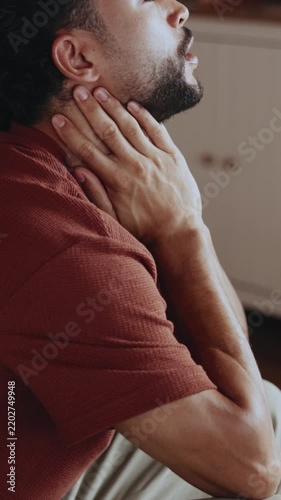 Frustrated, man and anxiety in home with stress, bad decision and emotional distress of past trauma. Thinking, male person and overwhelmed at house with inner conflict, personal crisis and rumination