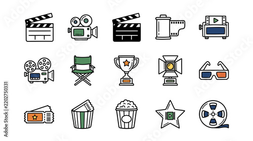 Cinematic Entertainment Vector Icon Set Featuring Movie Production Equipment and Theater Symbols for Creative Media Projects