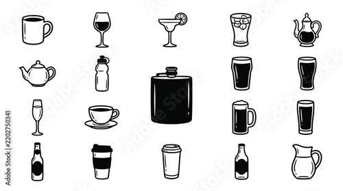 Collection of Various Drink and Beverage Icons Featuring Coffee Mugs Wine Glasses Beer Steins Tea Kettles and Assorted Glassware Containers