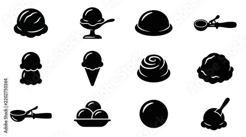 Set of vector black silhouette icons representing various delicious ice cream scoops and professional kitchen utensils for dessert preparation