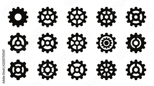 Collection of Fifteen Distinct Industrial Gear and Mechanical Cog Wheel Vector Icons for Engineering and Technology Design Applications