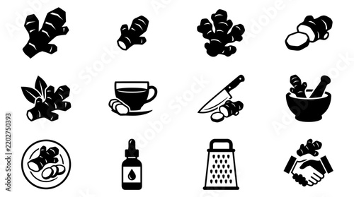 Set of vector black ginger icons featuring root slices herbal tea preparation grinding tools essential oil dropper and culinary ingredient symbols