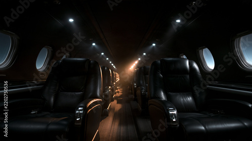 Empty Luxury Private Jet Interior with Black Leather Seats