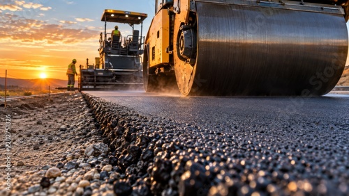 Road paver and roller create fresh asphalt at sunset. Construction workers supervise the new roadbed. This image represents infrastructure development and progress