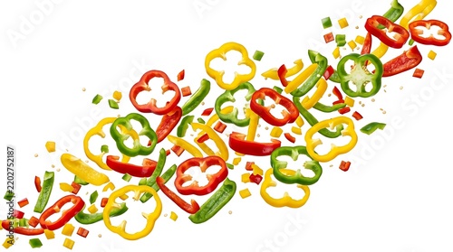 Flying Sliced Bell Peppers in Red Yellow and Green Colors Isolated on White Background for Culinary Design