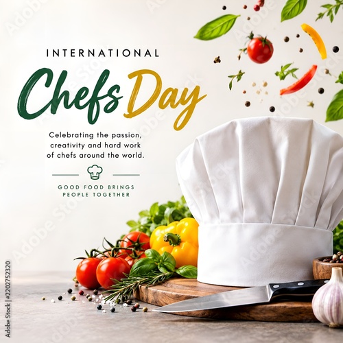 White chef hat with fresh vegetables and herbs on a wooden cutting board