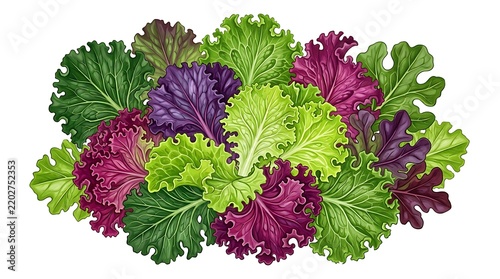 Fresh Mixed Salad Greens with Green and Purple Lettuce Leaves Isolated on White Background