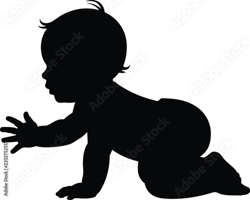 Black silhouette of a baby crawling with one hand reaching out isolated on a white background, for parenting and childhood