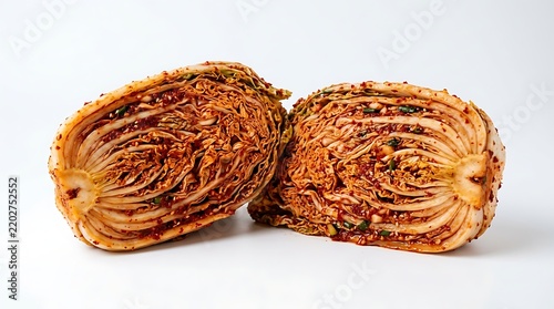 Halved Fermented Napa Cabbage Kimchi With Chili Spice Paste on White Background Photo