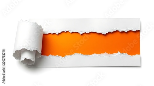 White Torn Paper Roll With Bright Orange Background Strip For Text Space