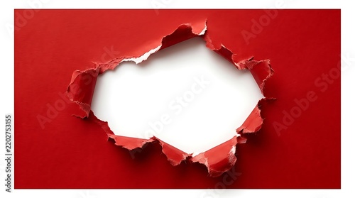 Red Paper With A Large Torn Center Hole On A White Background