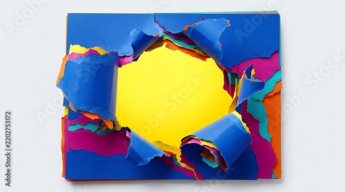 Layered Torn Paper Background with Vibrant Multi-Color Abstract Sheets and Central Bright Yellow Void
