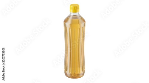 Clear plastic bottle with yellow liquid and cap isolated on white background