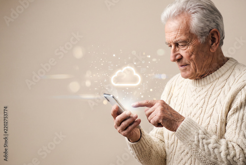 Senior man using smartphone with cloud computing visualization  