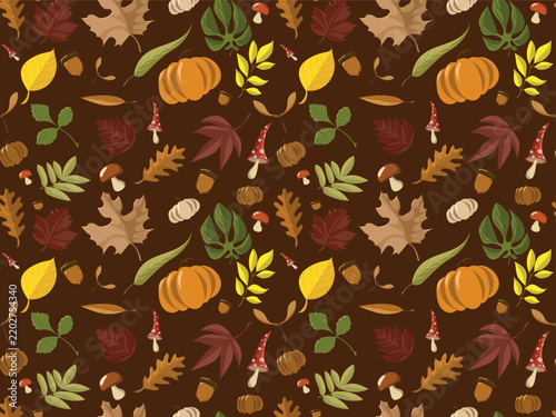 Vector seamless autumn seamless pattern featuring colorful fall oak and maple leaves, acorns, berries, and forest mushrooms on a dark brown background. Seasonal thanksgiving texture.
