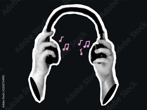 Halftone hands holding black Headphones on dark background with pink music signs