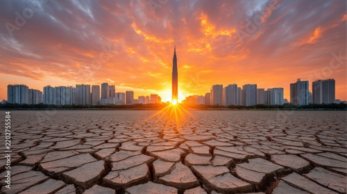 Dry Land and Urban Skyline Under Stunning Sunset with Tower