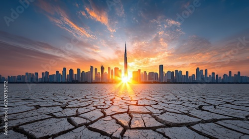Stunning Sunrise Over a City Skyline with Cracked Ground Landscape