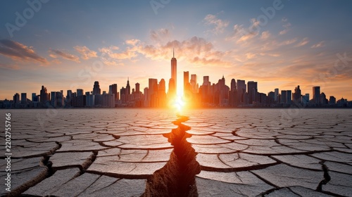 Urban Landscape Split by Drought and Cracked Earth at Sunset