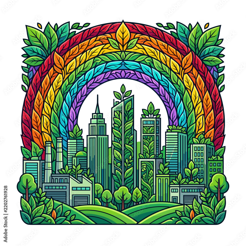 Obraz premium Vibrant eco friendly green city skyline illustration framed by a colorful leaf patterned rainbow arch.