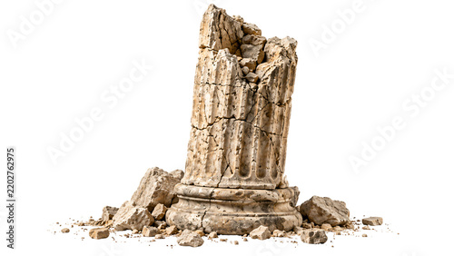Stone Column Pillar with Rubble Isolated on White Background, Antique Broken Greek Roman Architecture Monument