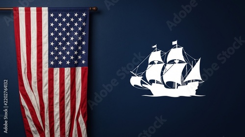 Patriotic columbus day banner featuring usa flag and caravel icon