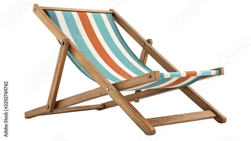 Foldable Wooden Striped Beach Deck Chair Isolated on White Background   