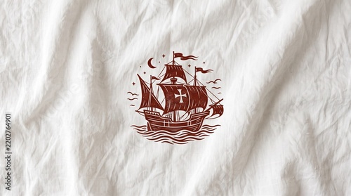 Columbus day vintage sailing ship illustration on white textile