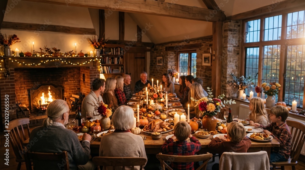 Fototapeta premium A family gathered around a beautifully set Thanksgiving table with autumn decorations. Concept emphasizes tradition, togetherness, and festive dining, ideal for holiday marketing. Generative AI.