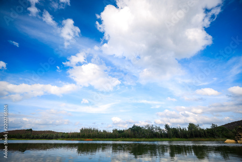 Scenic Lake Landscape with Cloudy Blue Sky and Reflections